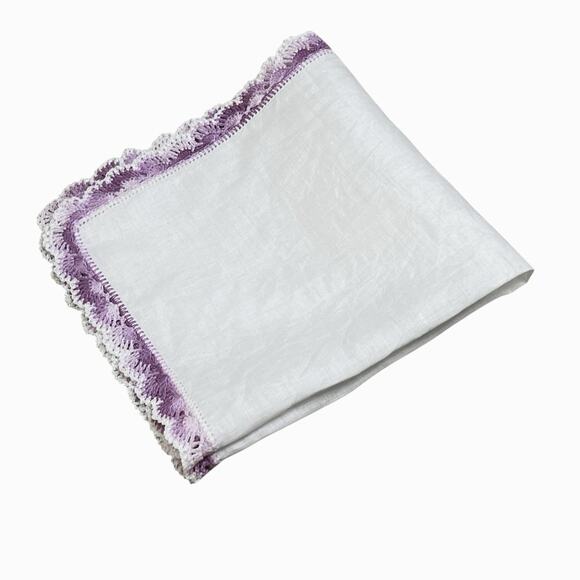 Vintage White Handkerchief Scalloped Edge Purple Crochet Trim Hankie 12x12 - Picture 7 of 9